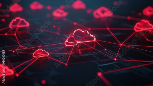 Digital Connectivity and Cloud Technology: Illustration of red cloud icons connected by glowing lines set against a dark background, depicting advanced cloud computing and digital network concepts.