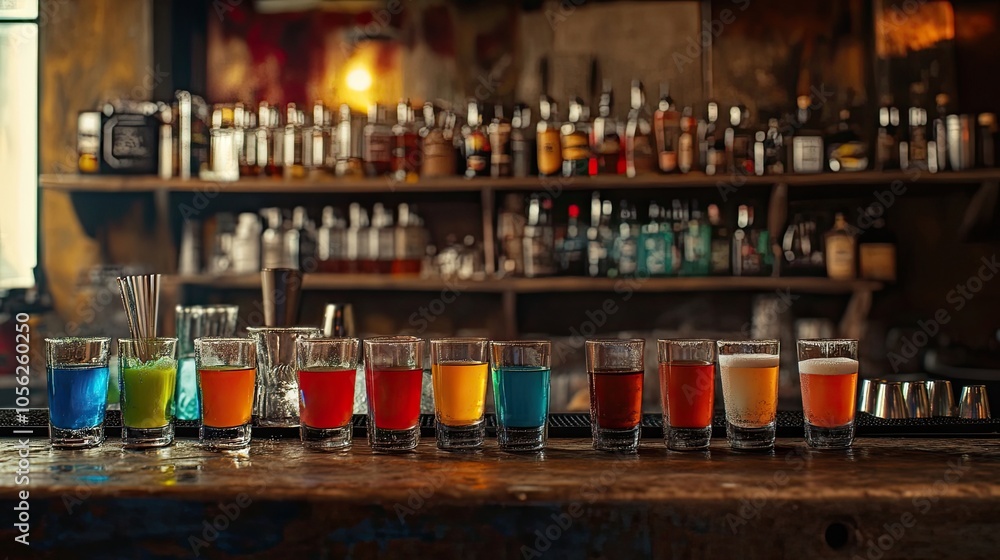 A vibrant display of layered shots in colorful glasses, beautifully presented on a bar counter with a rustic backdrop. A vibrant display of layered shots in colorful glasses, beautifully presented on a bar counter with a rustic backdrop.