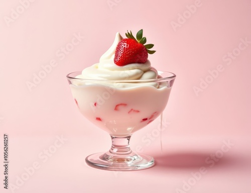 strawberry ice cream with strawberries in a glass cup