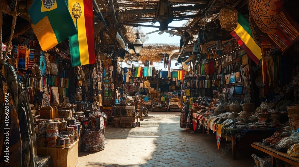A vibrant market scene with African flags prominently displayed among local crafts. A vibrant market scene with African flags prominently displayed among local crafts.