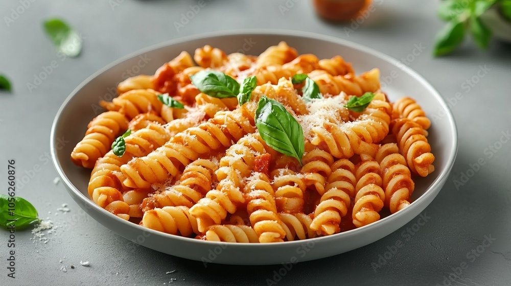 Delectable pasta with cheese, tomato sauce, and basil on a flat, gray-textured table
Delectable pasta with cheese, tomato sauce, and basil on a flat, gray-textured table