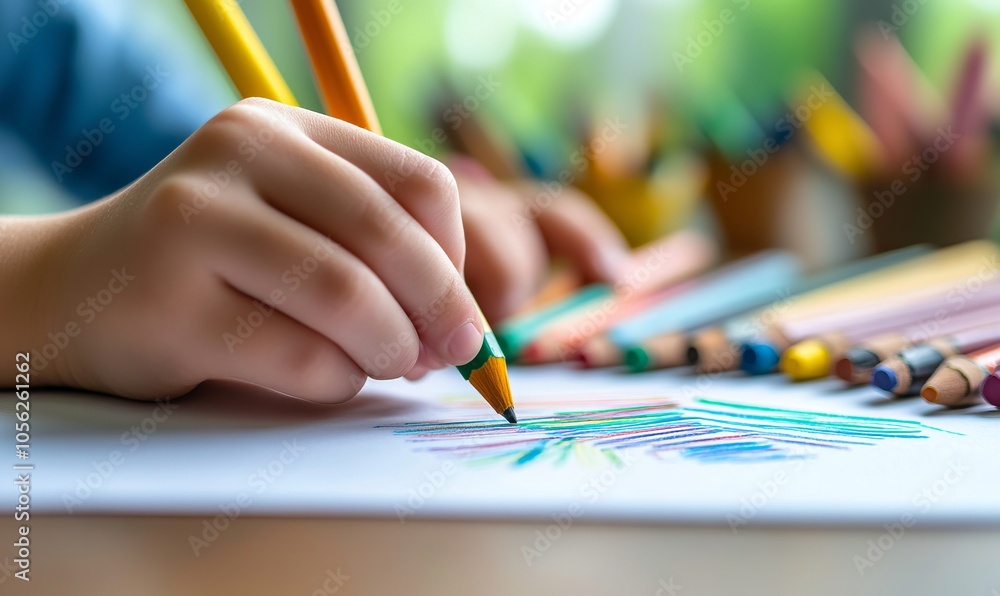 A child\'s hands using colorful crayons to create artwork on paper in a cozy indoor setting during a creative afternoon A child\'s hands using colorful crayons to create artwork on paper in a cozy indoor setting during a creative afternoon