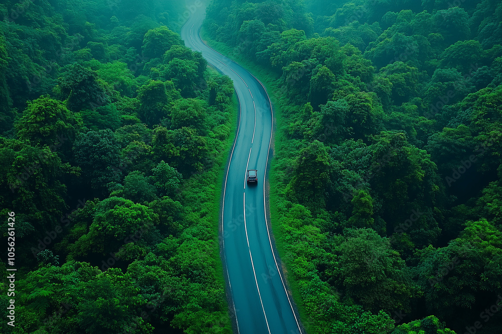 Fototapeta premium A winding road through a lush forest with a car traveling during the day captures nature's beauty and adventure