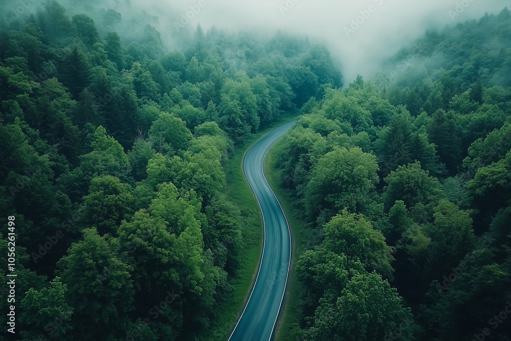 Aerial view of a winding road through a dense forest with a car moving smoothly along the trees in early morning mist Aerial view of a winding road through a dense forest with a car moving smoothly along the trees in early morning mist