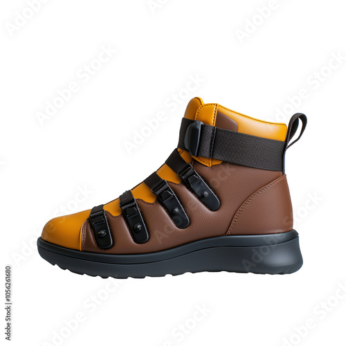 Stylish hiking boot with orange and black design isolated on transparent background