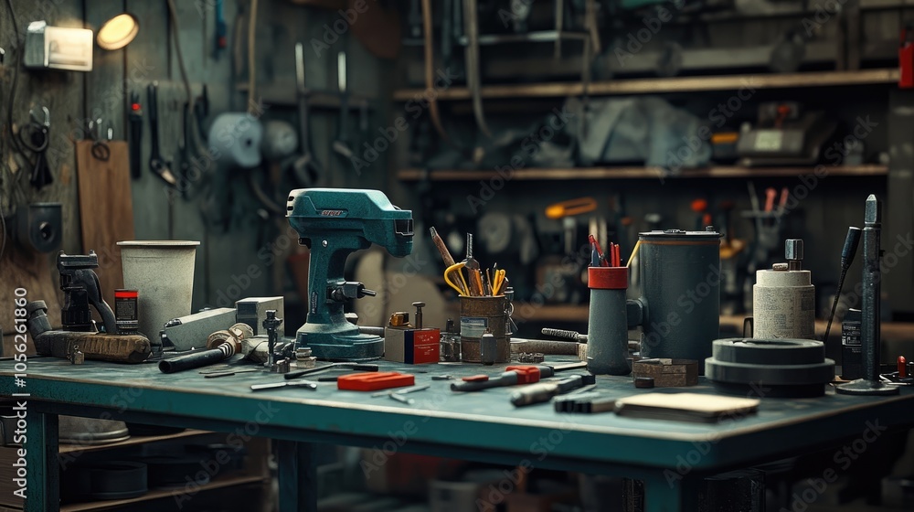 A workshop table cluttered with plumbing supplies, tools, and materials, representing a busy work environment, A workshop table cluttered with plumbing supplies, tools, and materials, representing a busy work environment,