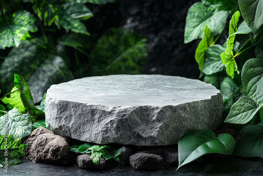 Stone and concrete podium surrounded by lush green foliage in a natural setting showcasing tranquility and organic beauty Stone and concrete podium surrounded by lush green foliage in a natural setting showcasing tranquility and organic beauty