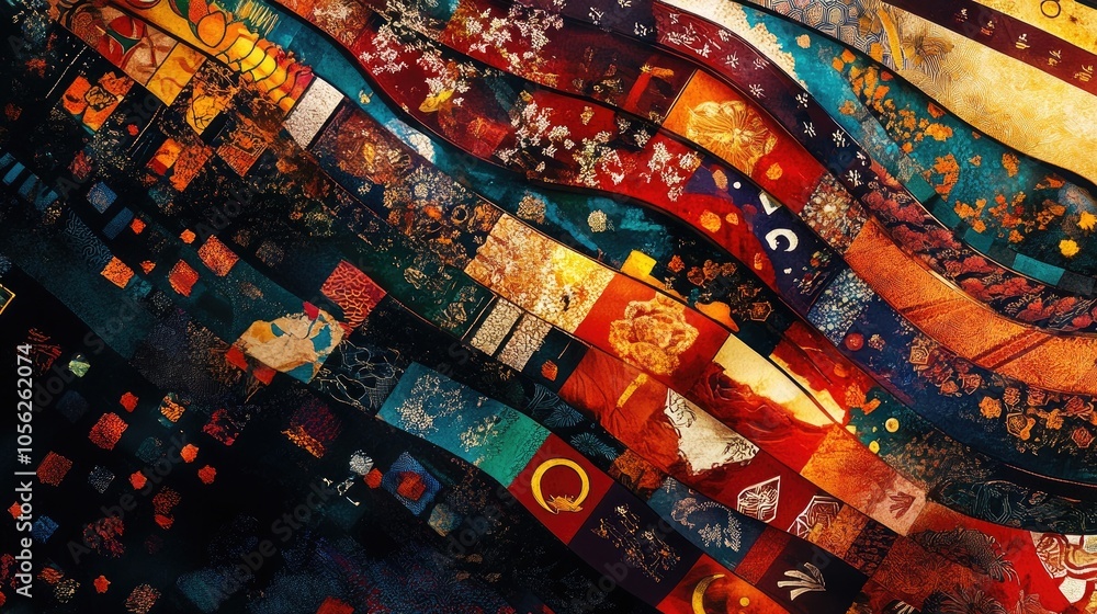 An abstract representation of Asian flags blended with cultural motifs, forming a colorful tapestry, An abstract representation of Asian flags blended with cultural motifs, forming a colorful tapestry,