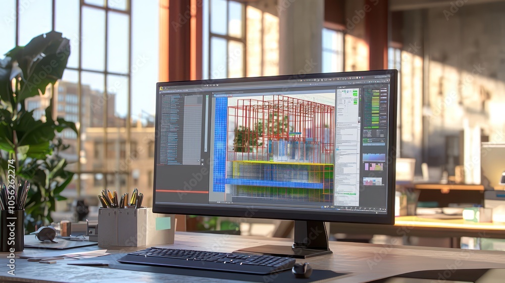 Engineering Software Display: A computer screen shows 3D modeling software in an engineering workspace, highlighting technical design. Engineering Software Display: A computer screen shows 3D modeling software in an engineering workspace, highlighting technical design.