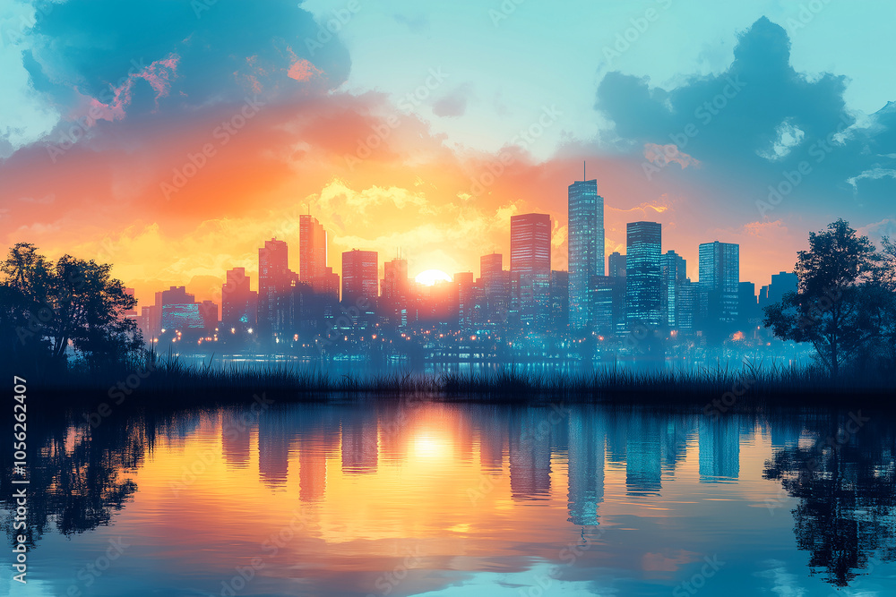 Fototapeta premium Sunset over a vibrant urban skyline reflecting in calm waters, showcasing the beauty of city life at dusk