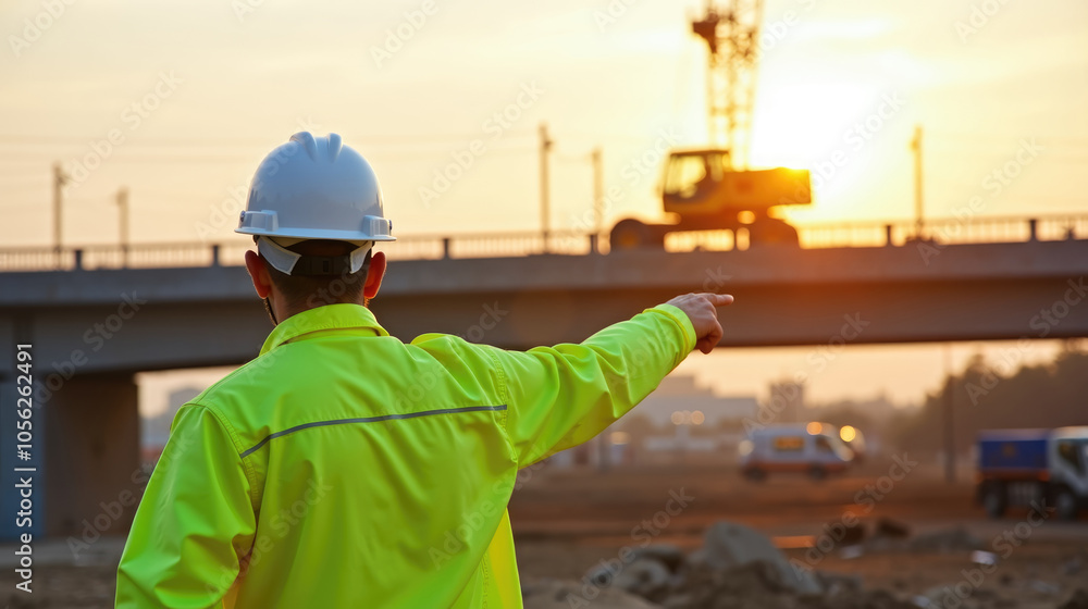 A construction worker points to a bridge in the distance. The sun is setting, casting a warm glow over the scene A construction worker points to a bridge in the distance. The sun is setting, casting a warm glow over the scene