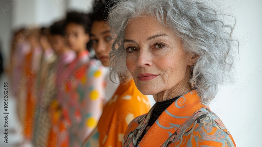 Elderly woman at fashion line. Elderly woman at fashion line.
