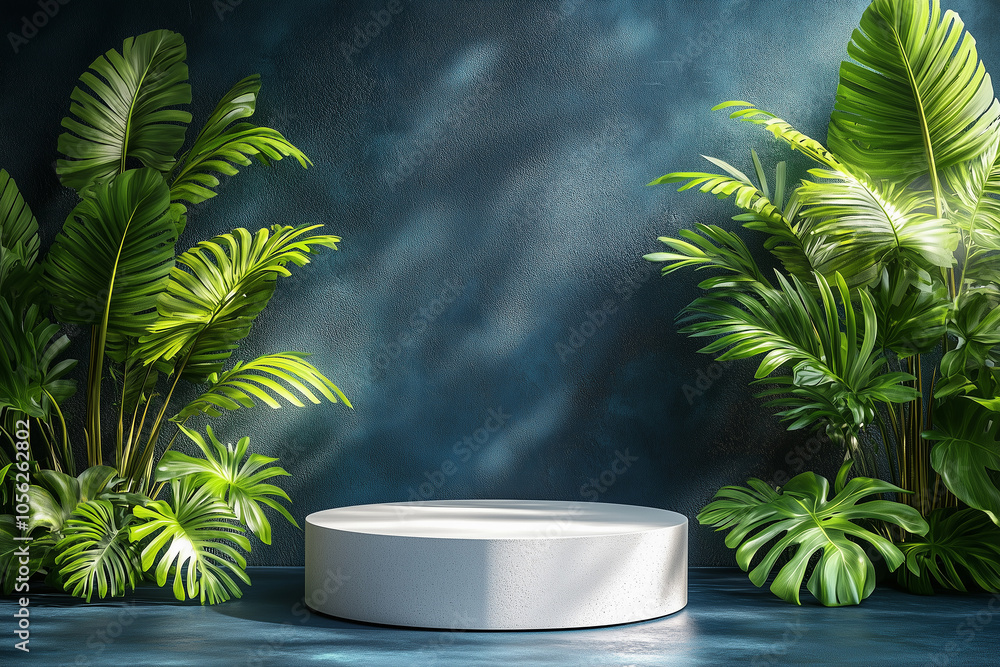 A modern podium surrounded by lush tropical foliage in a vibrant forest setting during the day A modern podium surrounded by lush tropical foliage in a vibrant forest setting during the day