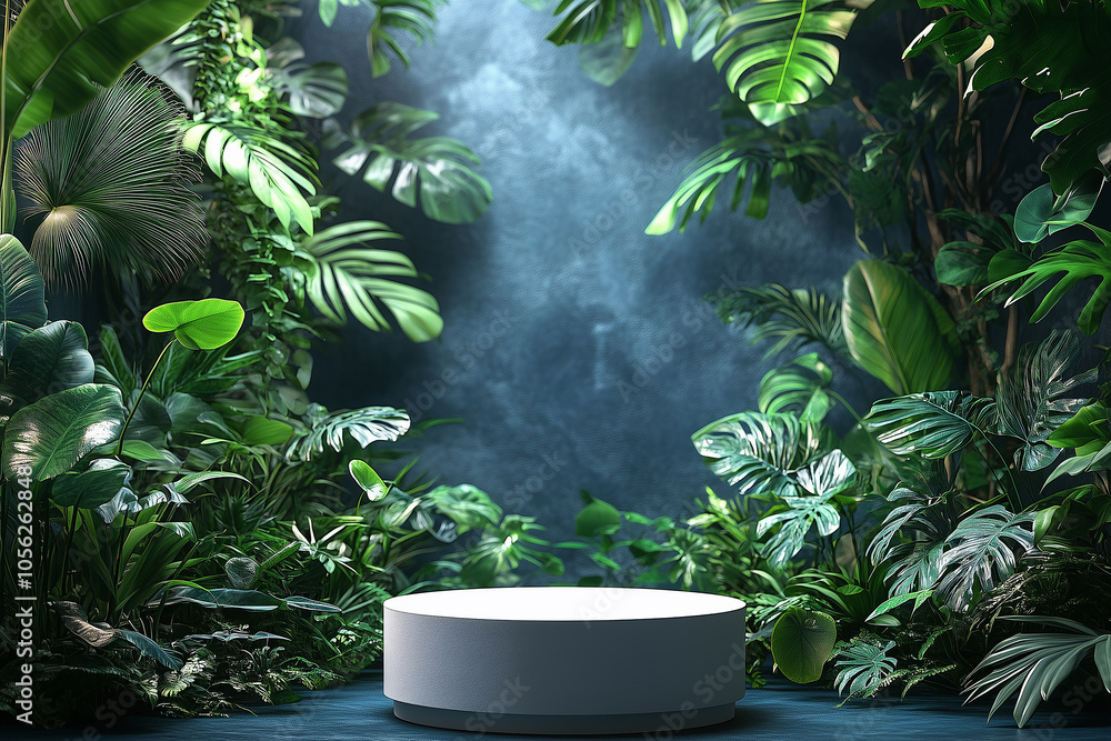 A modern podium set in a lush tropical forest showcasing innovative product design under natural light A modern podium set in a lush tropical forest showcasing innovative product design under natural light