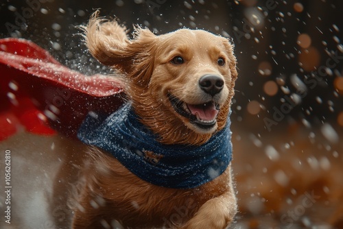 High-Resolution Photo of a Superhero Dog in a Blue and Red Cape Running to the Right with Dramatic Lighting and Action-Packed Motion

 photo