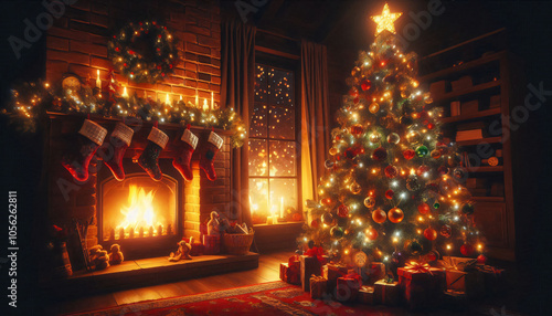 Beautifully decorated Christmas tree stands tall in front of a roaring fire in a fireplace