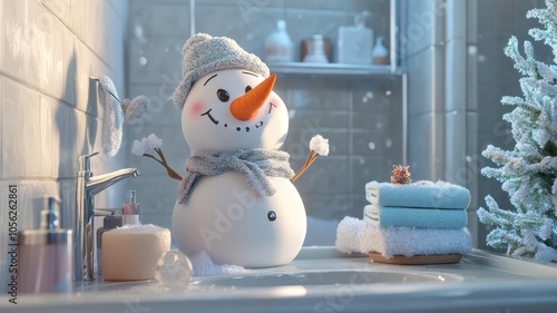 Cute Christmas snowman stand in the bathroom in cold and winter theme.