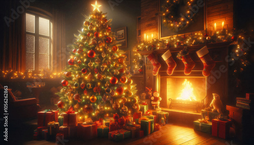 Beautifully decorated Christmas tree stands tall in front of a roaring fire in a fireplace