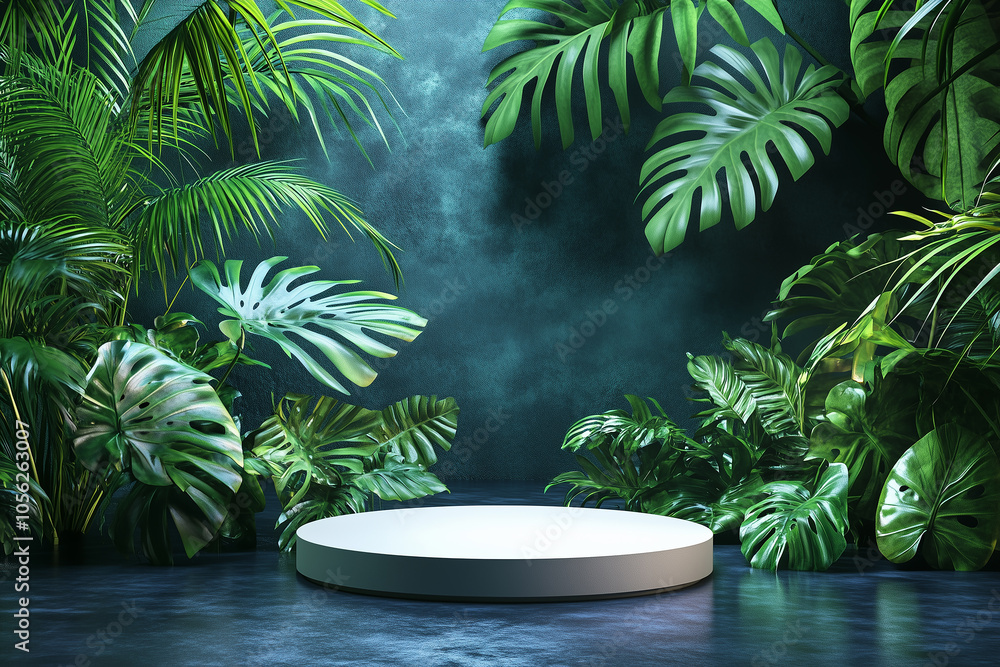 A serene podium set in a lush tropical forest for showcasing products in a natural setting