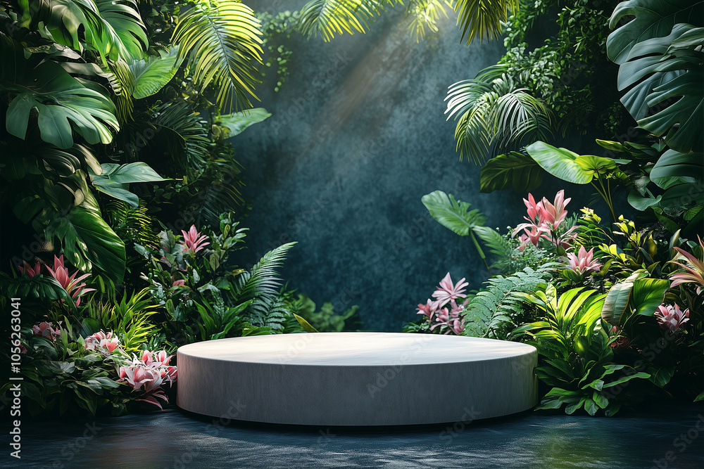 A pristine podium set in a lush tropical forest surrounded by vibrant plants showcasing nature's beauty for product presentations A pristine podium set in a lush tropical forest surrounded by vibrant plants showcasing nature's beauty for product presentations
