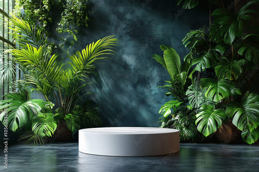 Podium display surrounded by lush tropical foliage in an indoor forest setting highlighting a product presentation Podium display surrounded by lush tropical foliage in an indoor forest setting highlighting a product presentation