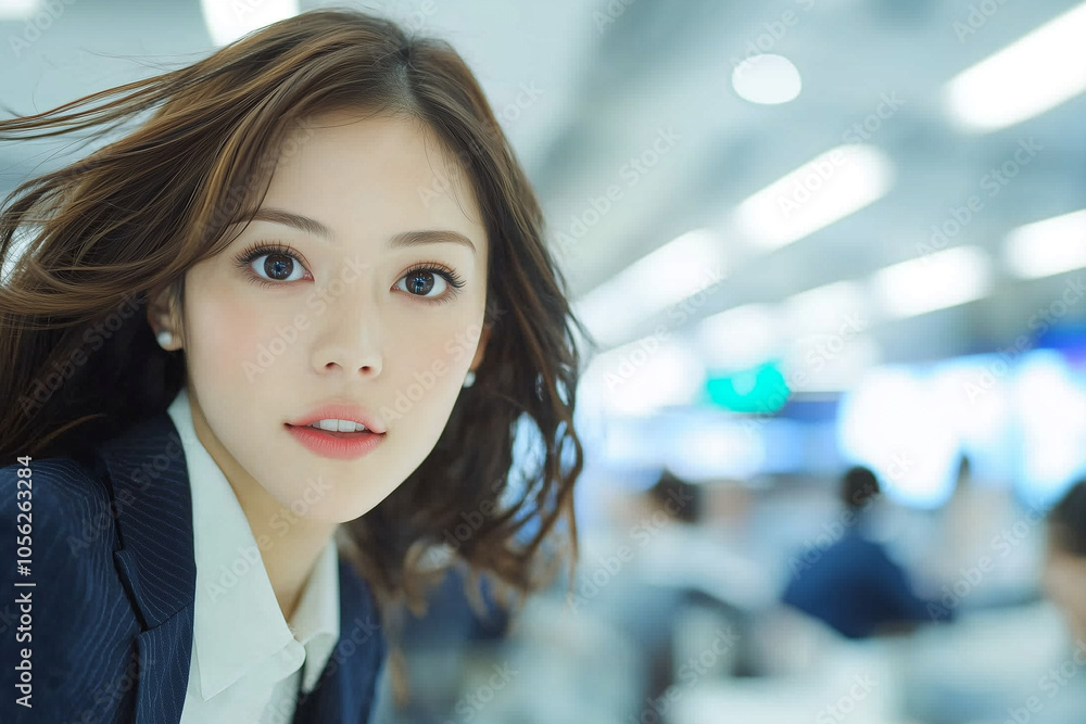 Obraz premium businesswoman in dynamic pose with blurred office background, expressing focus and determination