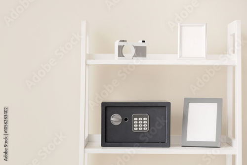 Shelving unit with blank frames and safe box near beige wall at home