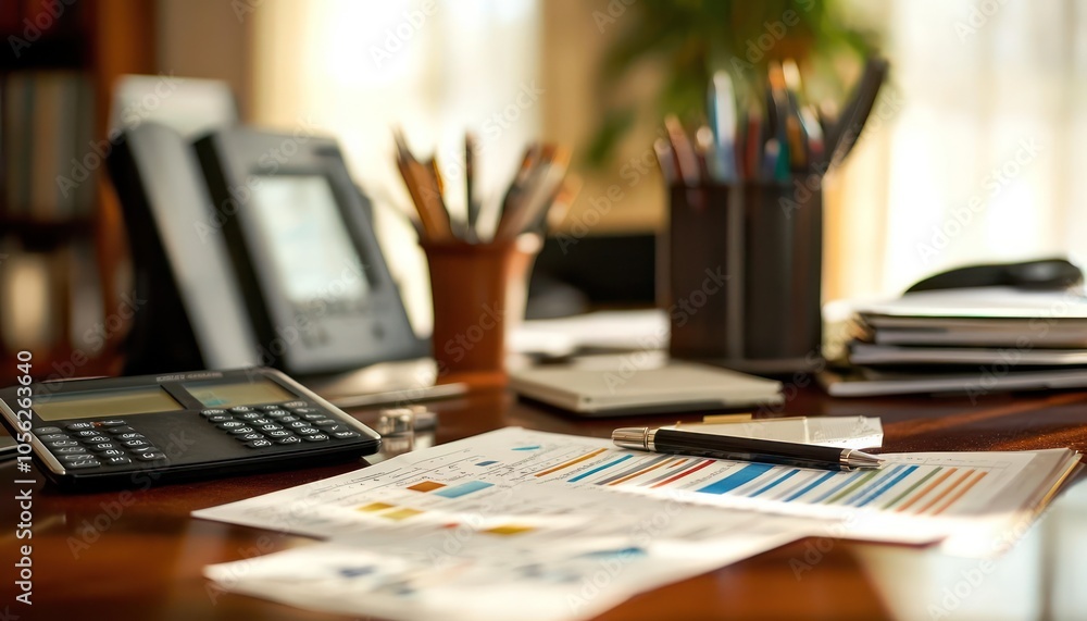Financial Decision Tools: An office desk laid out with financial analytics tools and reports, guiding business decisions. Financial Decision Tools: An office desk laid out with financial analytics tools and reports, guiding business decisions.