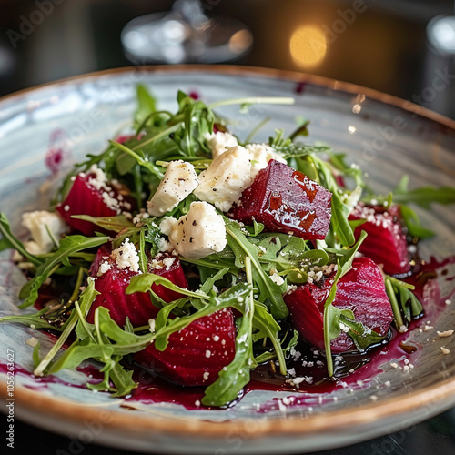 A fresh beet salad with feta cheese and arugula is served on a plate in a restaurant photo