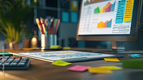 An elegant accounting report displayed on a modern desk, surrounded by colorful sticky notes and a calculator.