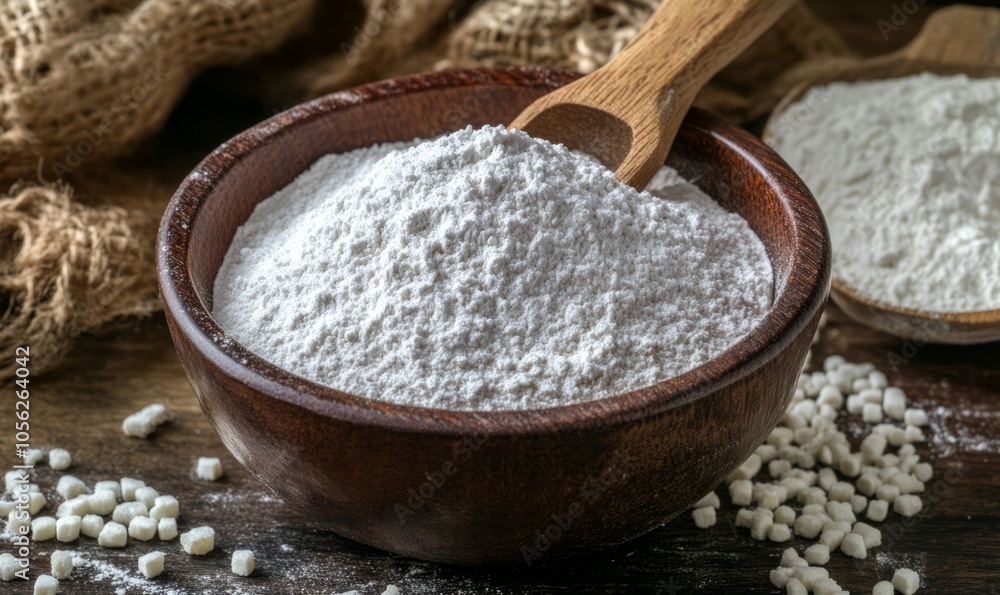 Tapioca Starch in Brown Wooden Spoon and Bowl with Dry Cassava Root Organic Tapioca Starch or Flour Powder Tapioca Starch in Brown Wooden Spoon and Bowl with Dry Cassava Root Organic Tapioca Starch or Flour Powder