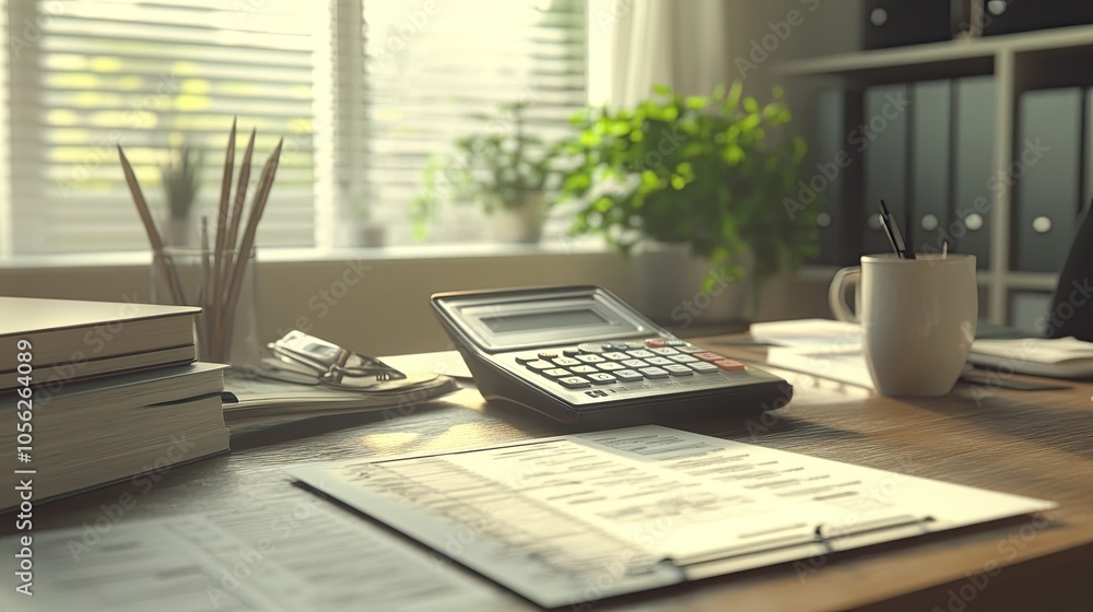 Fototapeta premium An elegant office setup featuring a detailed budget plan, calculator, and a notepad on a bright desk.