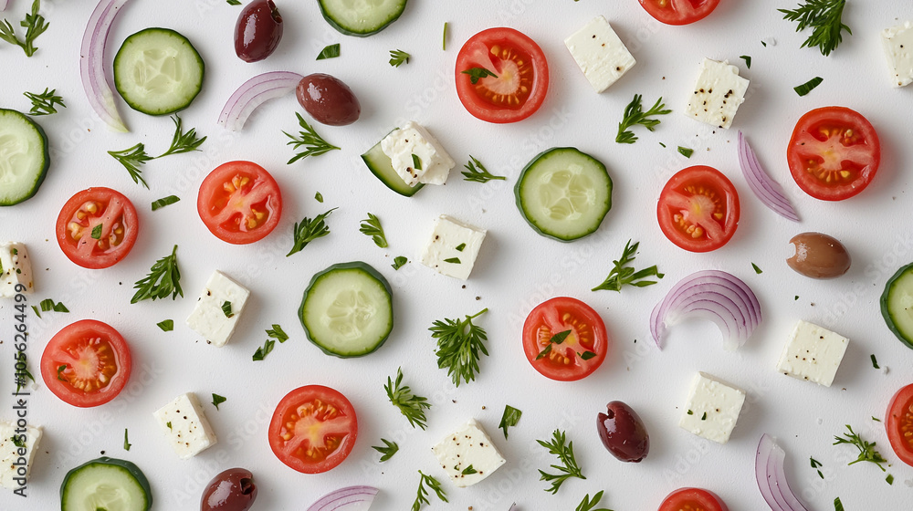 Minimalist Top-Down View of Deconstructed Greek Salad Ingredients Minimalist Top-Down View of Deconstructed Greek Salad Ingredients