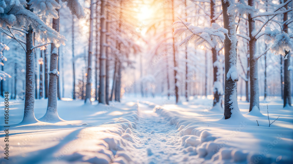 Snow-Covered Path Through Winter Forest with Sunlight Shining Through Trees Snow-Covered Path Through Winter Forest with Sunlight Shining Through Trees