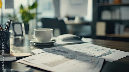An organized desk showcasing an accountanta??s ledger, financial charts, and a cup of coffee in a bright office space.