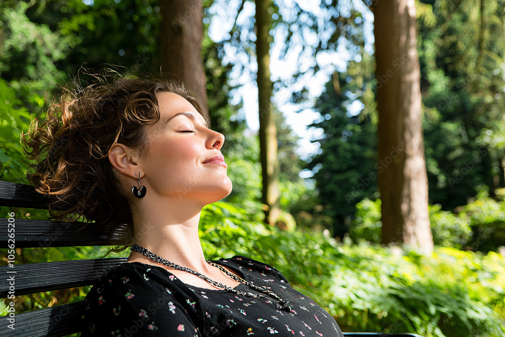 a woman seated on a park bench, eyes closed and soaking in the sun, surrounded by tall trees and soft greenery a woman seated on a park bench, eyes closed and soaking in the sun, surrounded by tall trees and soft greenery