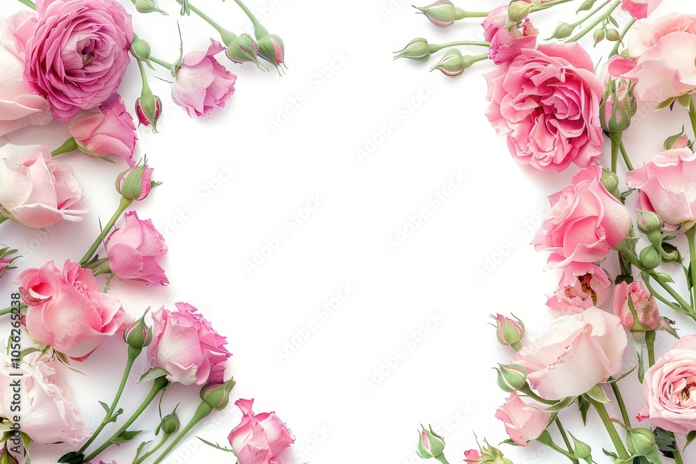 Obraz premium Pink roses and eustoma flowers in corner arrangement with frame on white background