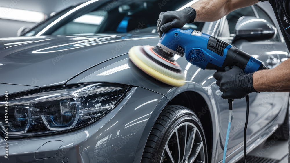 A man polishes a car with a polishing machine. The car is silver and shiny. The man is wearing gloves and he is focused on his work A man polishes a car with a polishing machine. The car is silver and shiny. The man is wearing gloves and he is focused on his work