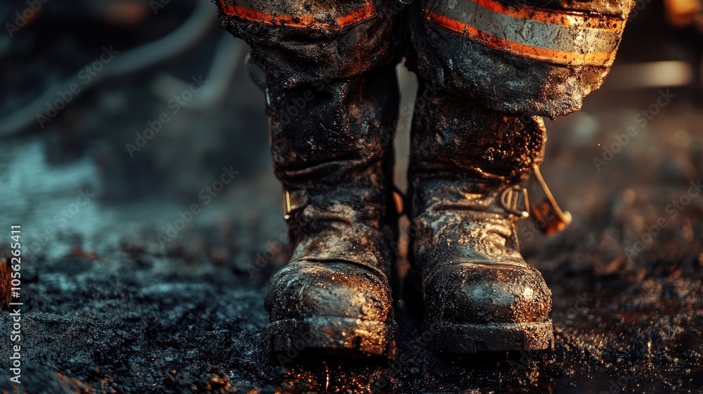 Close-up of firefighting gear, including boots and gloves, covered in soot and ash, Close-up of firefighting gear, including boots and gloves, covered in soot and ash,