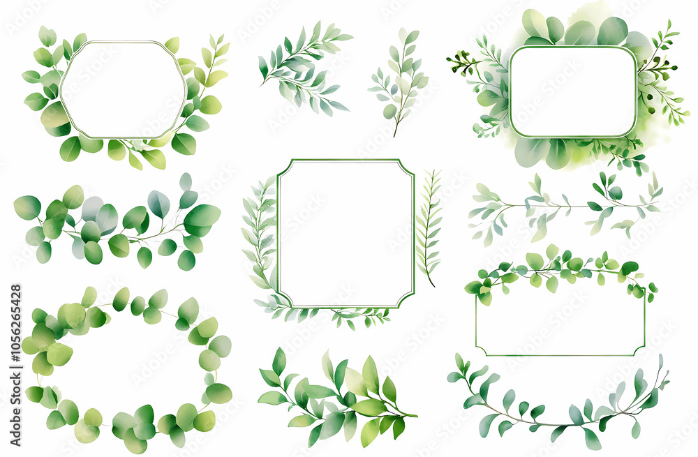 Fototapeta premium Green Watercolor Botanical Frames 