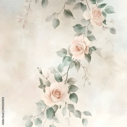 A soft, floral pattern featuring delicate roses and leaves on a light background.