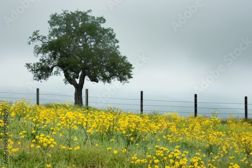 Tree by barbed wire fence overlooking field of yellow flowers on cloudy day photo