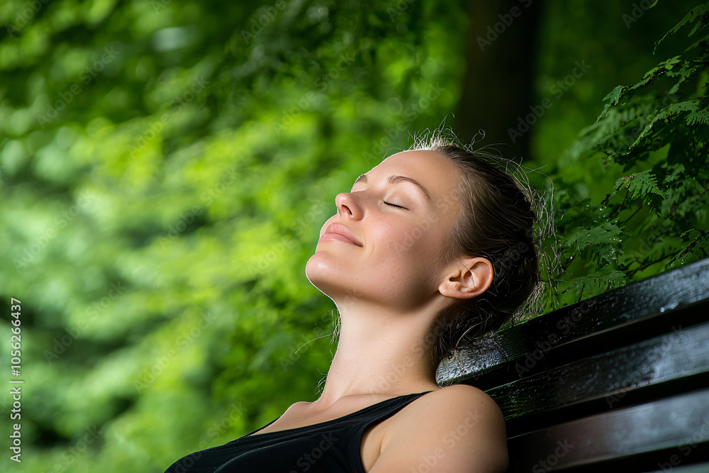 a serene woman relaxing on a park bench, eyes closed and face tilted towards the sun a serene woman relaxing on a park bench, eyes closed and face tilted towards the sun