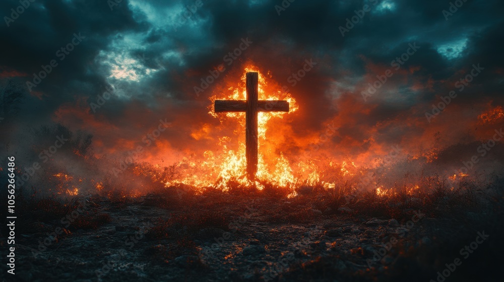 Burning wooden cross in a dark, fiery landscape, dramatic apocalyptic scene with smoke and flames, intense religious symbolism, destructive atmosphere, night, faith, danger Burning wooden cross in a dark, fiery landscape, dramatic apocalyptic scene with smoke and flames, intense religious symbolism, destructive atmosphere, night, faith, danger