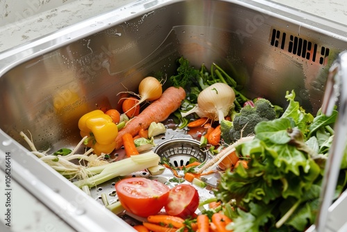 Vegetable scraps in sink with disposal photo