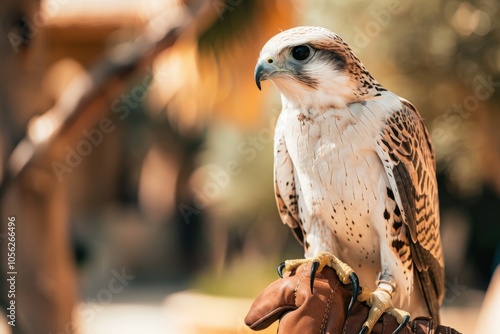 White and Beige Falcon perched on leather glove Falconry is hunting with trained bird of prey photo