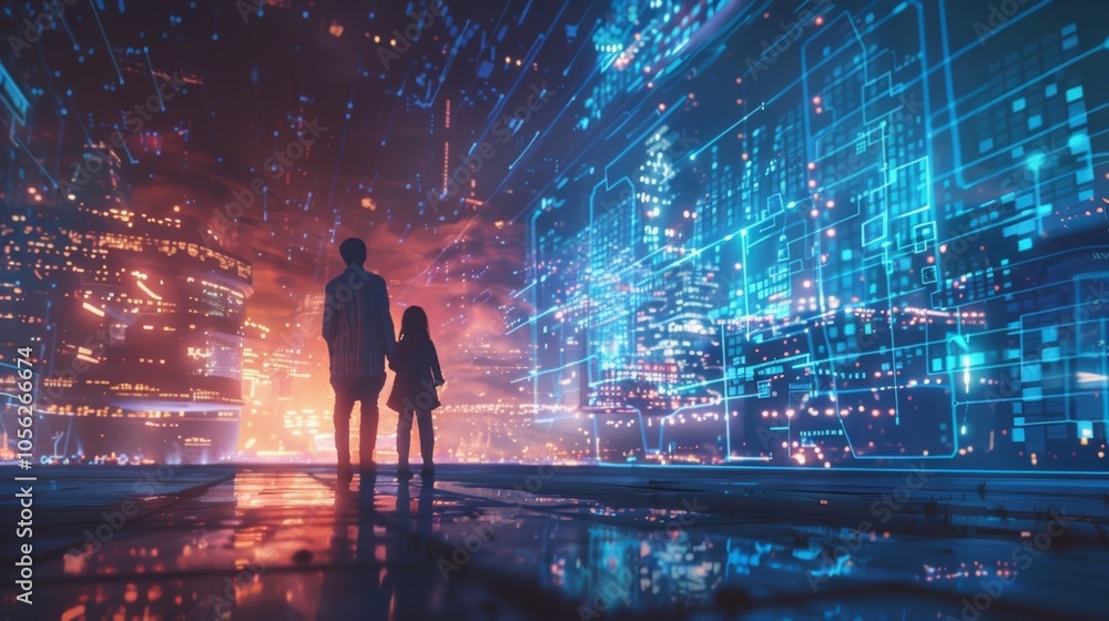 Father and daughter holding hands, marveling at a futuristic cityscape with vibrant lights and digital patterns, conveying wonder and innovation Father and daughter holding hands, marveling at a futuristic cityscape with vibrant lights and digital patterns, conveying wonder and innovation
