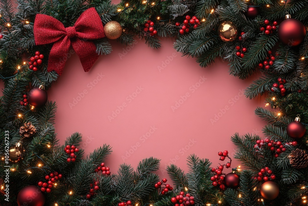 Christmas tree frame border with green fir branches, red bow, berries and gold lights isolated on pink background. Pine, xmas evergreen plants frame. garland decoration, holiday card, copy space Christmas tree frame border with green fir branches, red bow, berries and gold lights isolated on pink background. Pine, xmas evergreen plants frame. garland decoration, holiday card, copy space