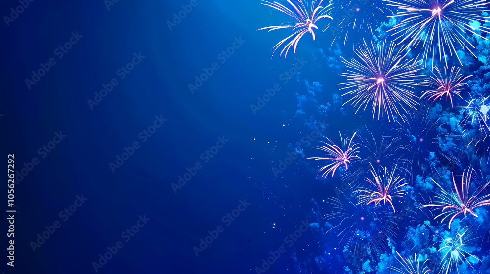 Fototapeta premium Fireworks colorful explosions on blue, festive background with copy space