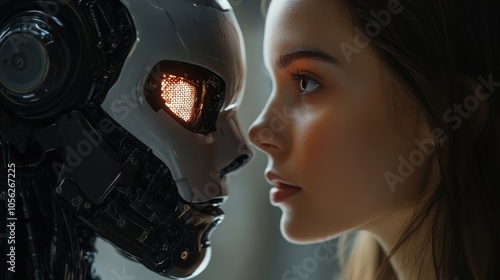 Close-up of a woman facing a humanoid robot, human vs AI, artificial intelligence interaction, futuristic technology, human-robot connection, digital future, technology advancement